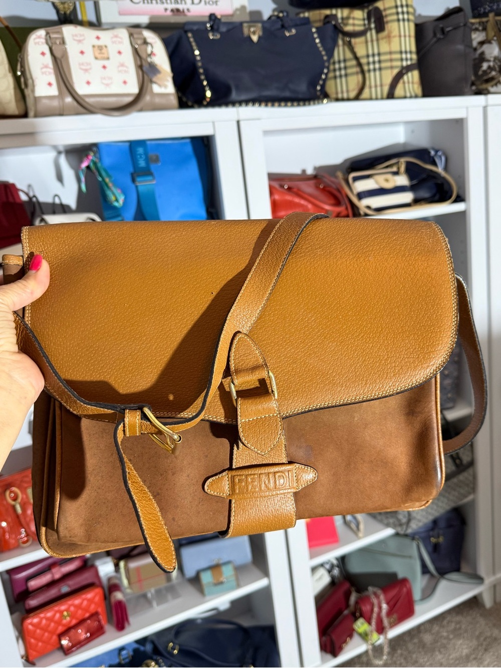 Fendi Two-Tone Tan & Brown Leather & Suede Messenger Crossbody Bag - Picture 4 of 14